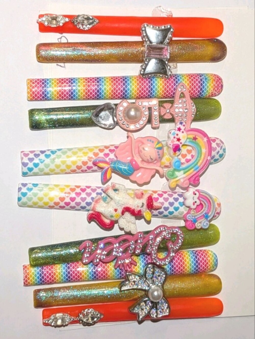 SolddddHand Crafted 6Xl Acrylic Rainbow & Orange Press-On Nails Set with Charms - Picture 13 of 16